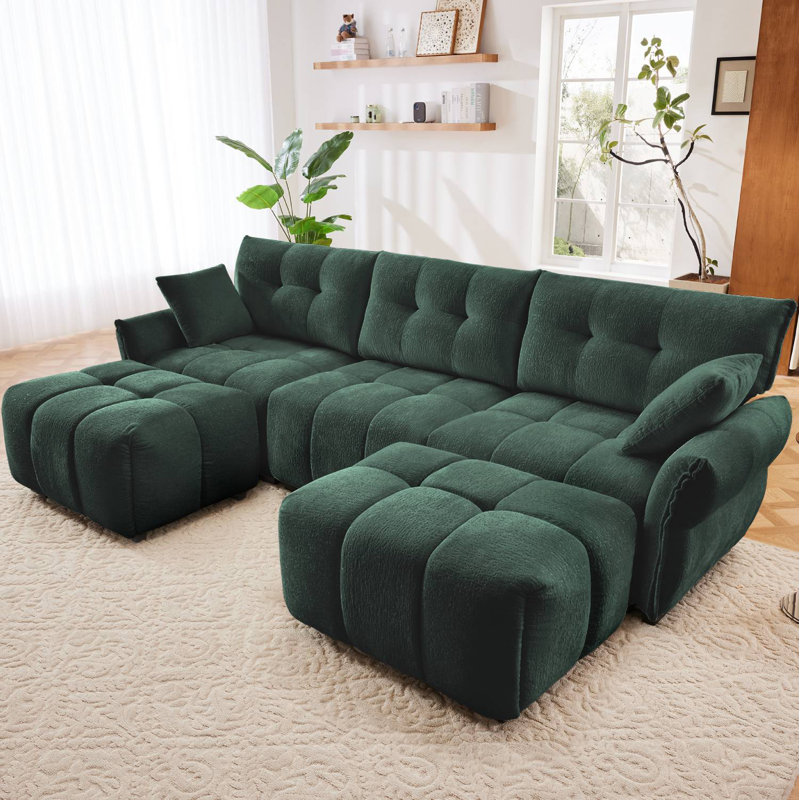 Canapé modulaire en chenille capitonné avec 2 repose-pieds et coussins Dengler, Chenille verte, L 110,2 po
