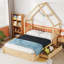 Queen Size House Platform Bed Solid Wood Construction Natural Wood Tone With Guardrail And Two Underbed Storage Drawers