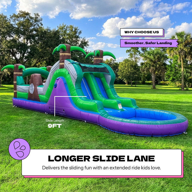 POP JUMP Tropical 28' Inflatable Obstacle Course with Slide, Wet/Dry Backyard Race Course with Blower