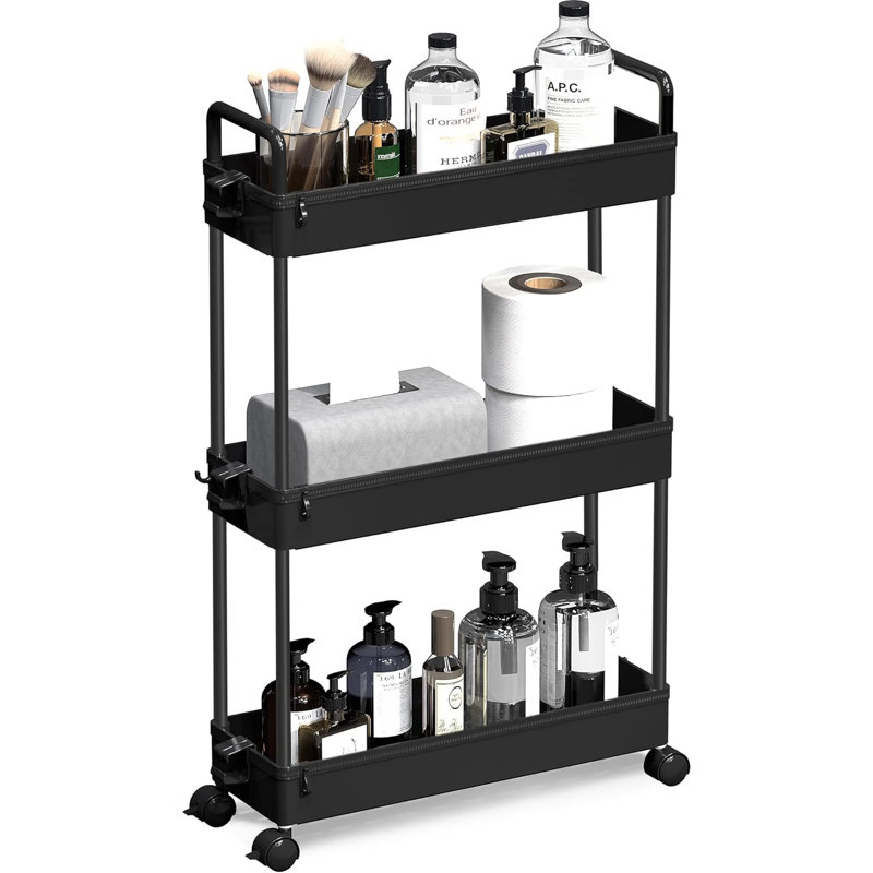Slim Rolling Storage Cart, 3 Tier Storage Organizer Utility Cart Mobile Shelving Unit, 24" H x 15.75" W x 5.1" D, Black