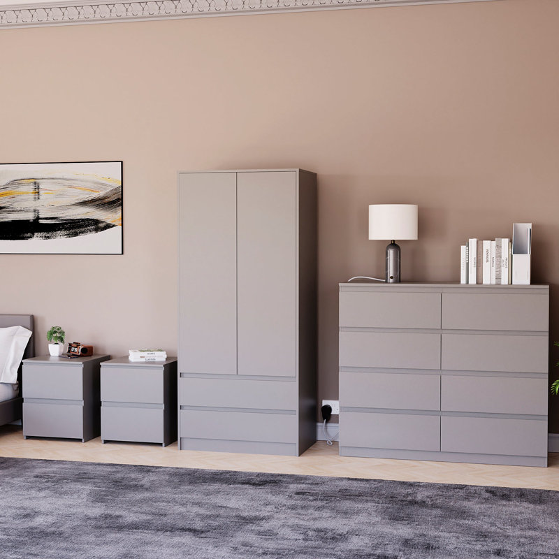 Tanino 4 Piece Bedroom Set (2 Drawer Large Bedside Chest X2, 8 Drawer Chest, 2 Door 2 Drawer Wardrobe), Grey