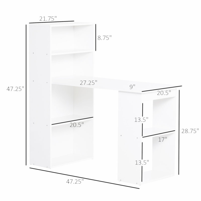 Ternes 47" Writing Table with Bookshelf, Desk with 6-Tier Storage Shelves, White