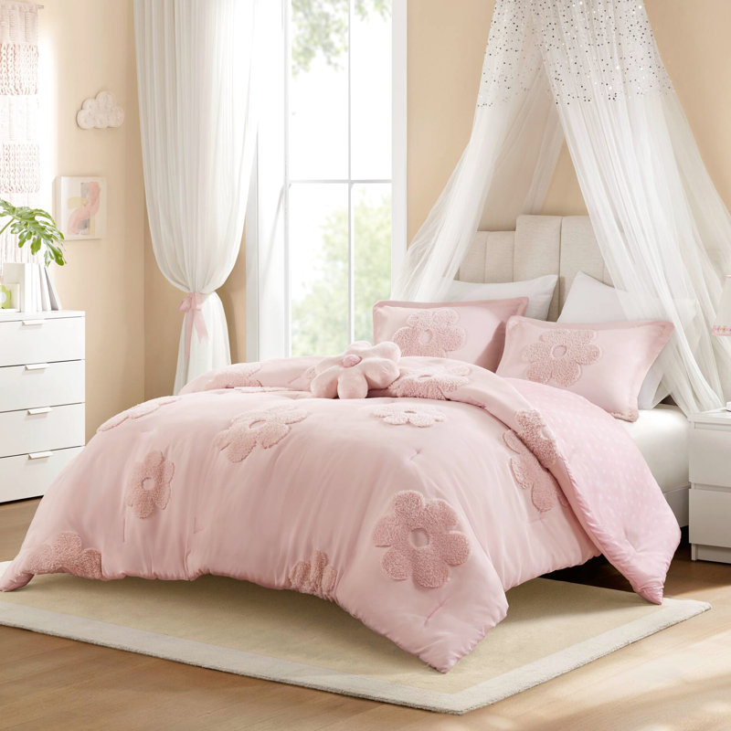 Édredon en chenille réversible à motif floral double / grand rose avec coussin décoratif à motif floral à l'envers, lavable à la machine, rembourrage 4 pièces, preuve
