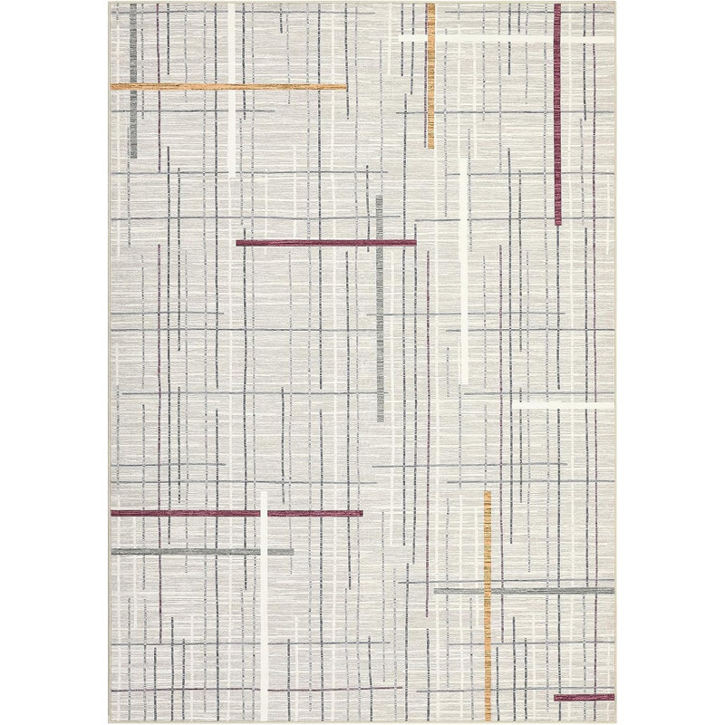 2x6 Washable Thin Indoor Rug, Modern Interwoven Lines, Low Pile, Stain-Resistant, Non-Slip for Living Room, Bedroom, Kitchen, Beige
