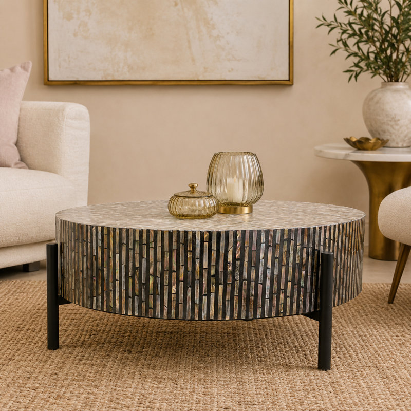 Table basse ronde en nacre Maly, Noir / plateau blanc / base noire