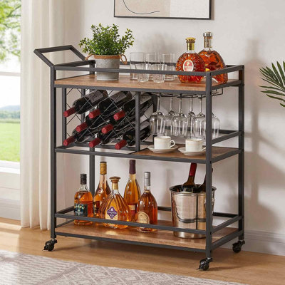 Bar Cart For The Home, Rolling Wine Carts On Wheels With 3 Tier Wood Shelves, Liquor Beverage Cart With Wine Rack And Glass Holder