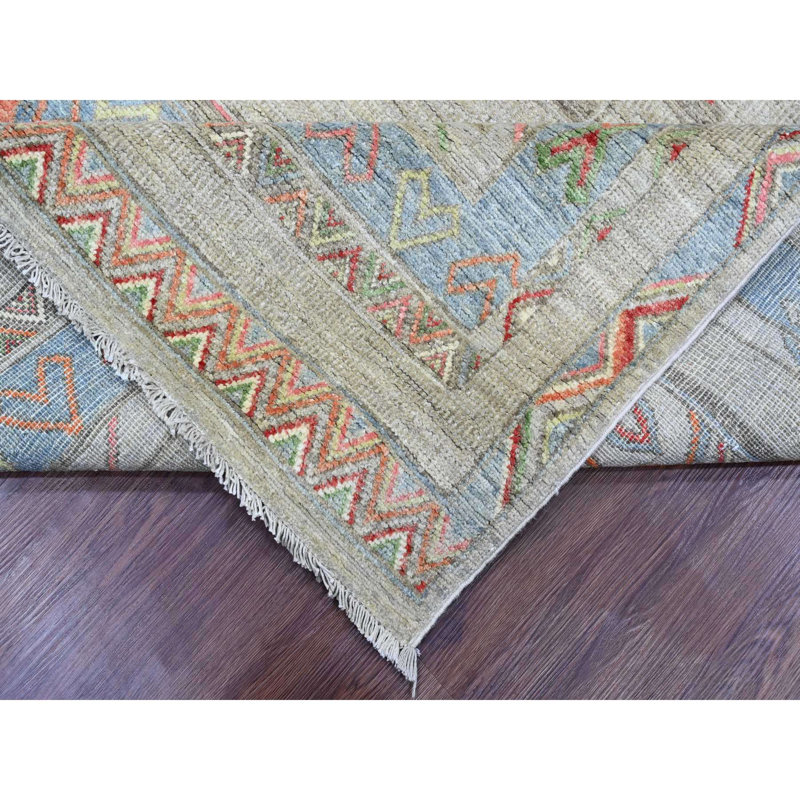 Tapis oriental blanc noué à la main 8 pi 8 po x 11 pi 8 po Peshawar avec influence berbère, motif géométrique, tissage dense, laine de haute montagne
