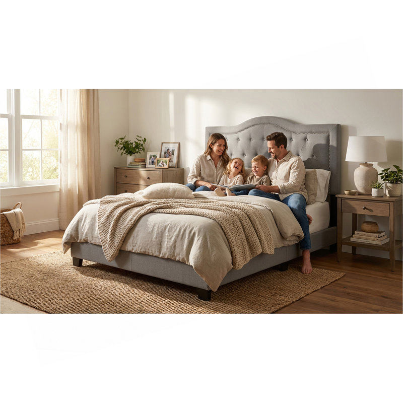 Structure de lit moderne tapissier avec tête de lit en fibre de lin, support en lattes de bois, aucun sommier requis, support silencieux et facile, assemblage facile