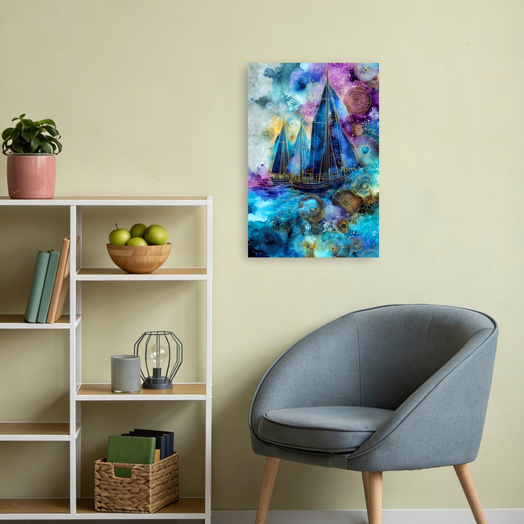 Cosmic Sailboats Journey Abstract Dreamy Ethereal Ocean Seascape Wall Art Print