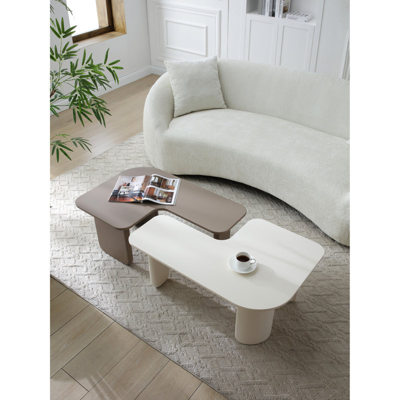 Table basse modulaire moderne de 2 pièces, tables de combinaison avec peinture multicouche, côté kaki et blanc pour le canapé, appartement de salon central polyvalent, pieds améliorés et courbés, coffre-fort