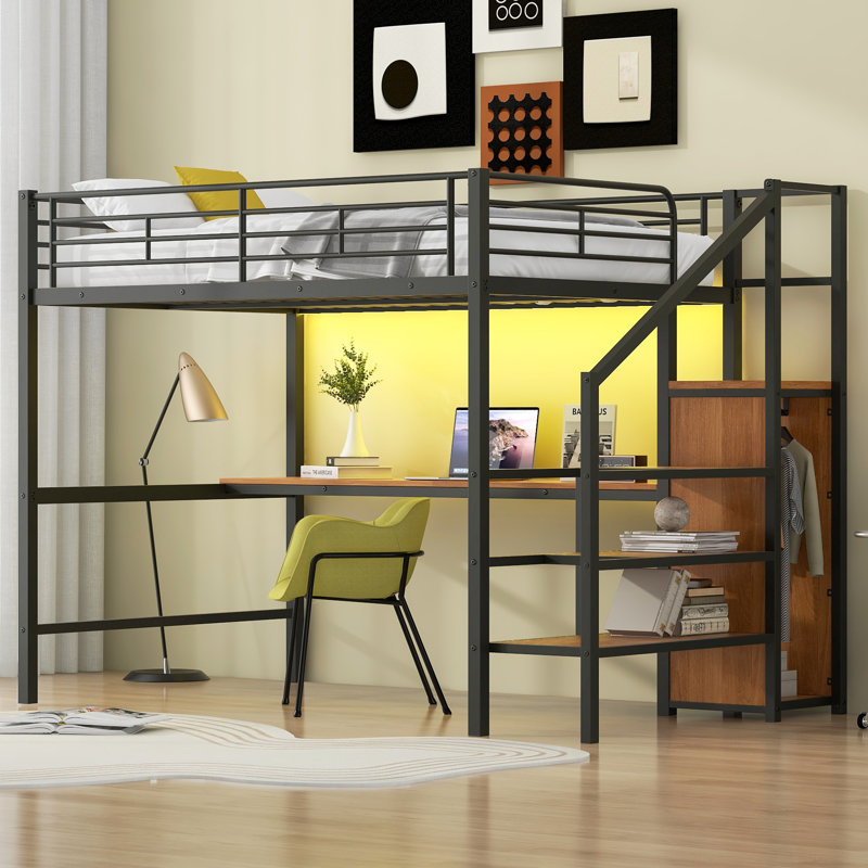  Lit mezzanine double en métal avec bureau, escalier de rangement et garde-robe compacte, noir, Noir