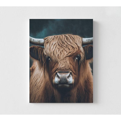Highland Cow Portrait - Reproduction d'art murale animal rustique moderne