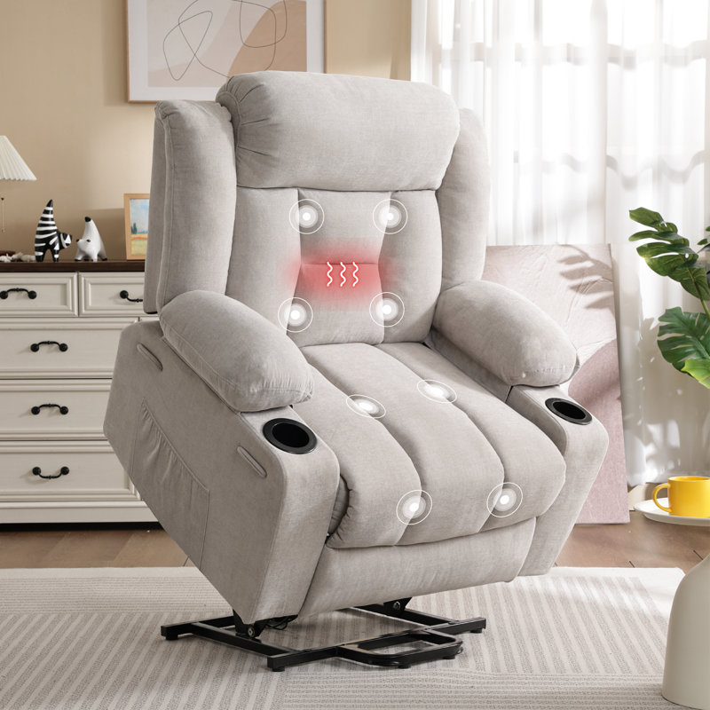 41.73"Wide Dual Motor Power Lift Recliner Chair With Massage & Waist Heating, Oversized Recliner With Side Pockets, Cup Holders