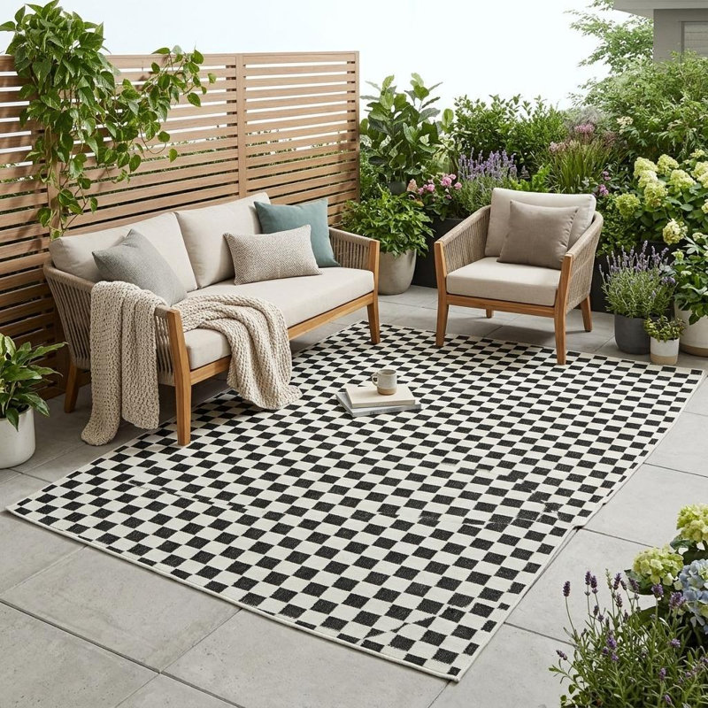 4' X 6' Black and White Geometric Distressed Indoor Outdoor Area Rug