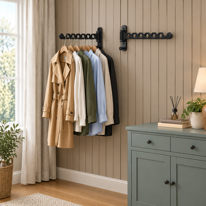 Ensemble de 2 supports à vêtements pliables muraux noirs à 6 trous - Organisateurs de linge et de chambre pliables