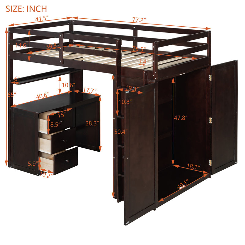 Loft Bed With Built-in Desk, Storage Shelf, 3 Drawer And Wardrobe, Twin, Espresso