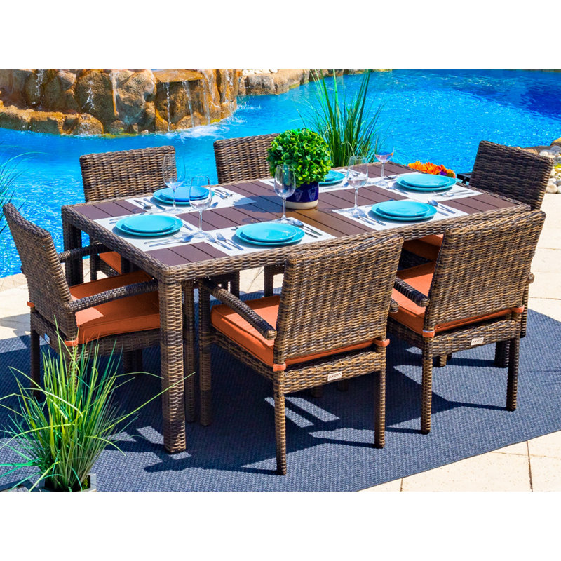 Tuscany Collection In Brown 6 - Person Wicker Patio Dining Set with Rectangular Table , Sunbrella® Cushions Included