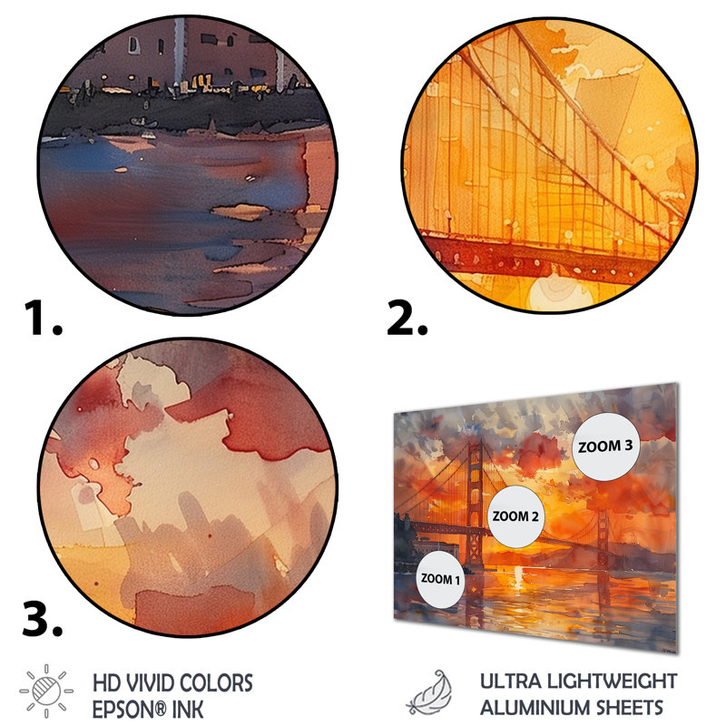 Impression d'art mural jaune et rouge Golden Gate Summer Sunset Glow III - Ponts, Métal métal, H 30 po x l 40 po x P 1,5 po