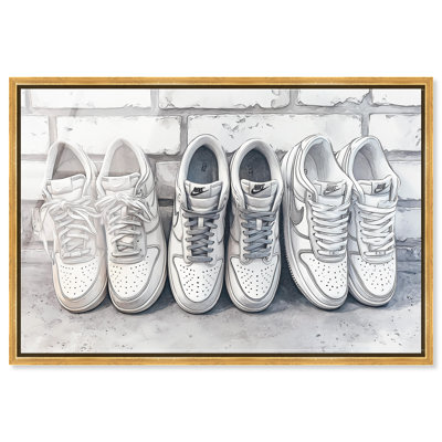 «Brick Wall Sneaker Line Up», impression sur toile encadrée par Art Remedy, cadre doré, 45 x 30