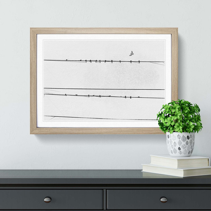 Birds on a Wire in Abstract - Picture Frame Graphic Art Print, 62cm H x 87cm W x 2cm D, Oak Framed