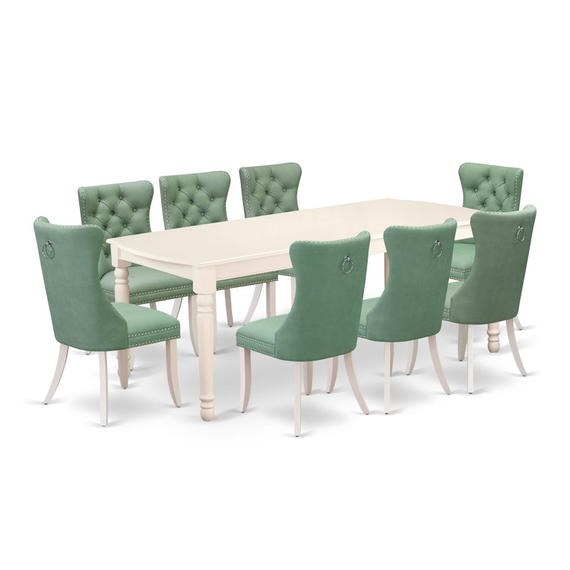 Ensemble de cuisine 9 pièces composé d'une table de salle à manger rectangulaire avec rallonge papillon et 8 chaises rembourrées en polyester, lin blanc