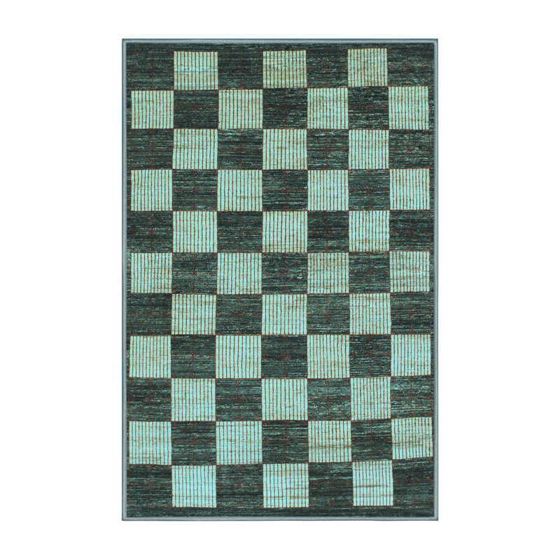 Tapis en laine / polyester à carreaux tissé à la machine en bleu / vert, Rectangle 2 pi x 3 pi