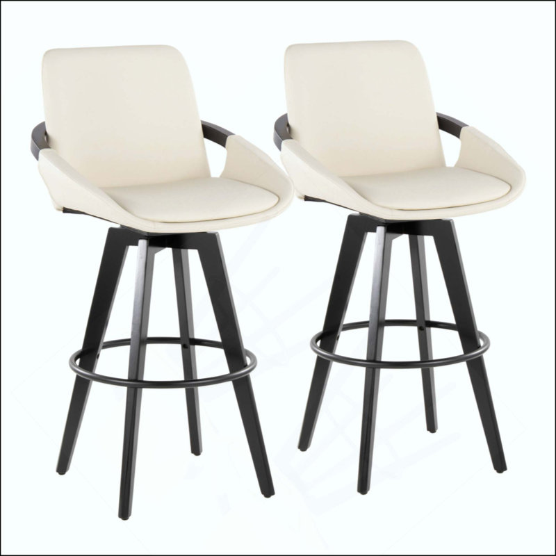 Tabouret de bar à hauteur fixe avec pivot en bois avec repose-pieds rond en métal - ensemble de 2, Siège blanc / cadre noir