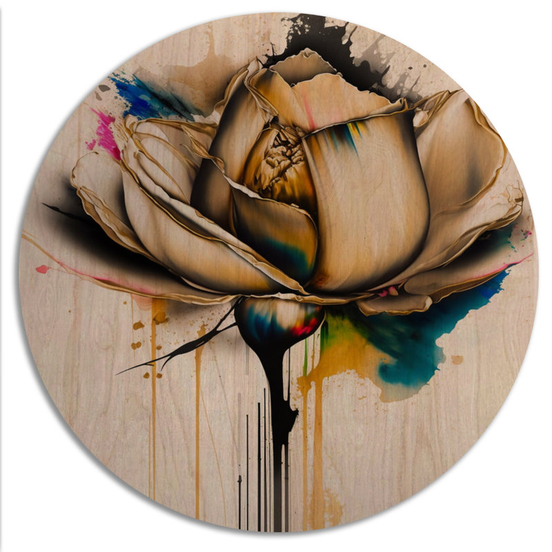 Fleur multicolore sur fond abstrait - Art mural en bois floral et botanique - Bois de pin naturel, L 23 po x H 23 po
