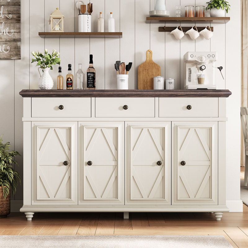 Farmhouse 55" W Sideboard with Solid Wood Countertop, White/Brown