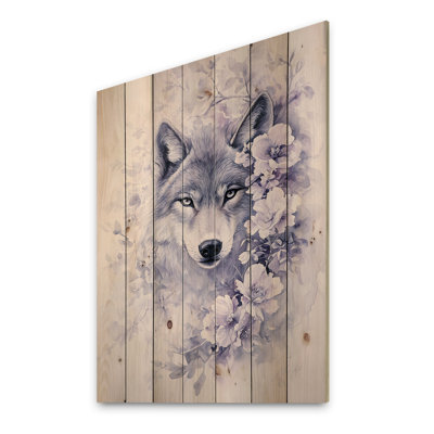 Aquarelle loup de lavande en hiver II - Art mural moderne en bois sur bois de pin naturel