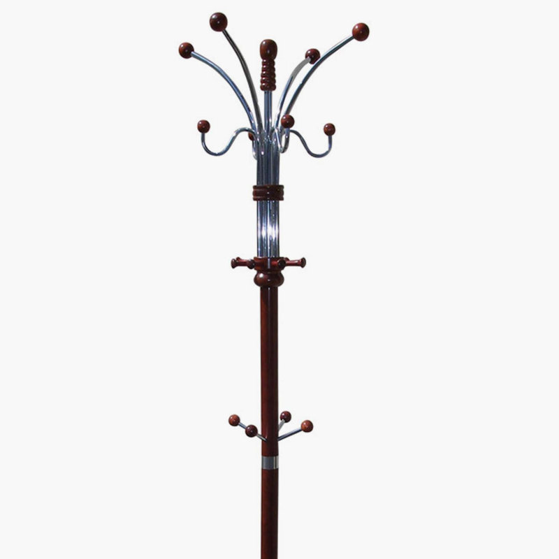 73" Tall Chrome and Wood Coat Rack, Cherry