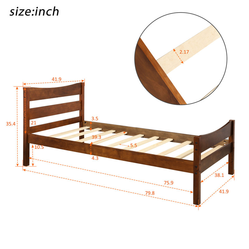 Lit plateforme simple en bois massif avec tête de lit, finition noyer et tête de lit en noyer