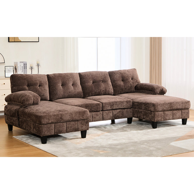 U-Shaped In Brown Chenille, Featuring Dual Chaise Lounges, Storage Pockets And Armrest Pillows For A Comfortable Home Atmosphere 103.5" Chenille Fabric With Pillows, Ideal Peaceful