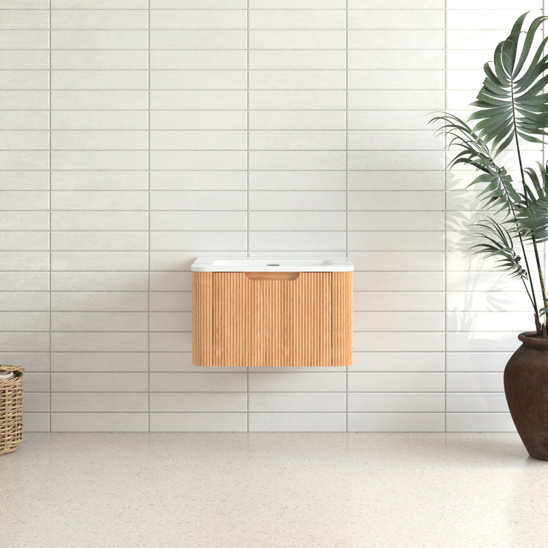 Armoire de salle de bain flottante murale pré-assemblée de 24 po en noyer avec cuve en céramique blanche, rebord courbé, rangement à fermeture en douceur naturel et silencieux