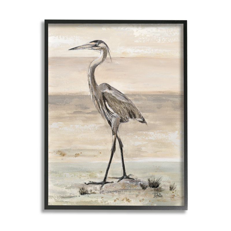«Crane Bird Beach Shore», art mural texturé par Patricia Pinto, Giclée encadrée noir minuit, H 14 po x l 11 po x P 1,5 po