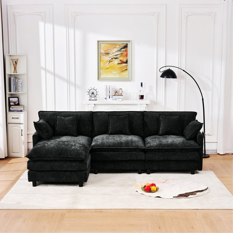 Canapé modulaire à trois places avec repose-pieds mobile pour espaces de vie, Noir