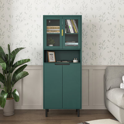 Tempered Glass Door Tall Storage Bookcase with adjustable board, 4 doors MDF painting finished cabinet, Green, Living room Bedroom storage