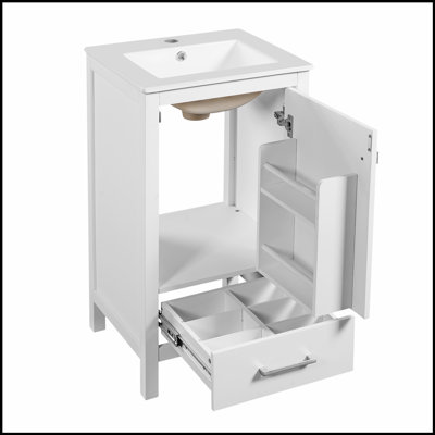 Meuble-lavabo moderne de 18 pouces avec lavabo en céramique, tiroirs à fermeture en douceur et organisateur de porte, tiroir de séparation et patins réglables en plastique - solution de rangement compacte pour les espaces étroits