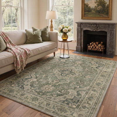 Tapis vintage à motif médaillon oriental vieilli, lavable à la machine, vert sauge et gris, avec envers antidérapant