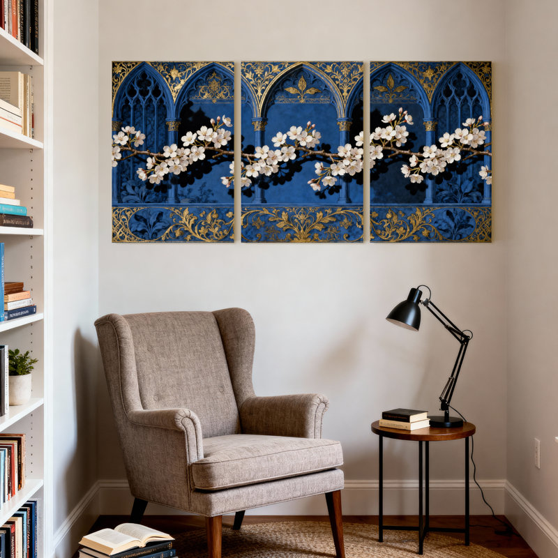 Plantes et fleurs, arche gothique avec fleurs de cerisier, ensemble de 3 impressions sur toile, H 24 po x l 16 po