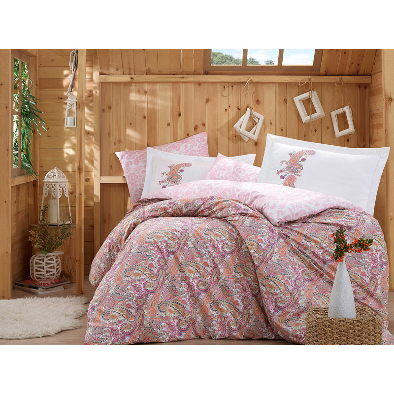 Ensemble de housse de couette 100% coton Lucious, Housse de couette double TG + 3 pièces supplémen, Rose / Mauve / Bleu