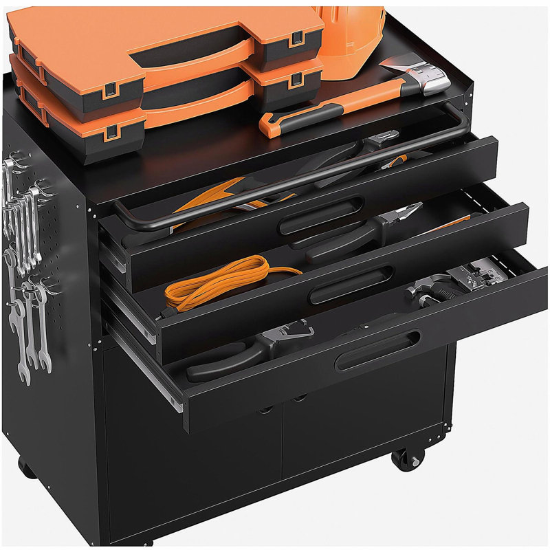34.3" Rolling Metal Tool Cabinet - Heavy Duty Garage Storage with Lockable Doors & 3 Drawers, Mobile Workbench Organizer for Garage, Workshop, Home