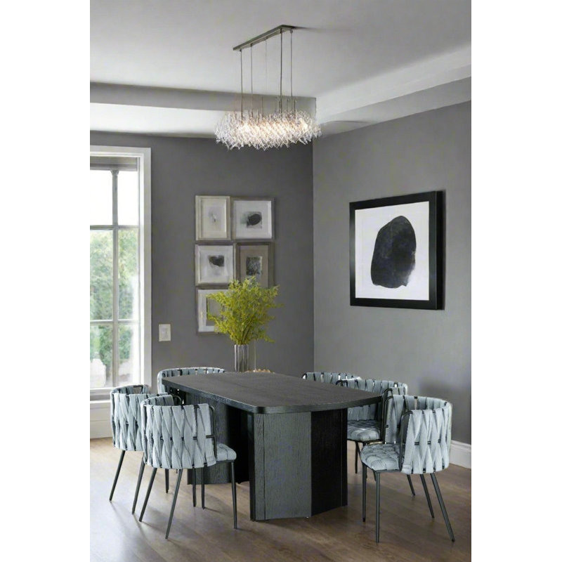 Tyrone Woven Strap Dining Arm Chair Set with Weave Design and Sleek Metal Frame, Black, Light Gray Velvet