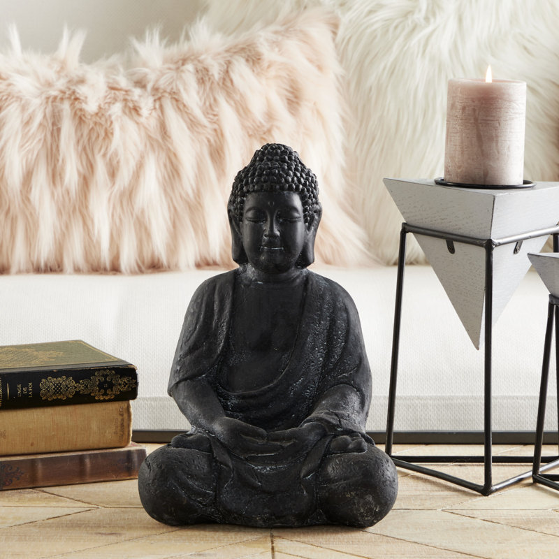 Ceramic Meditating Buddha Decorative Sculpture with Engraved Carvings and Relief Detailing, Black, 12" H x 7" W x 8" D
