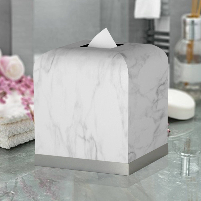 Housse pour boîte à mouchoirs Oneita | Porte-boîte à mouchoirs carré en résine blanche | Finition argent