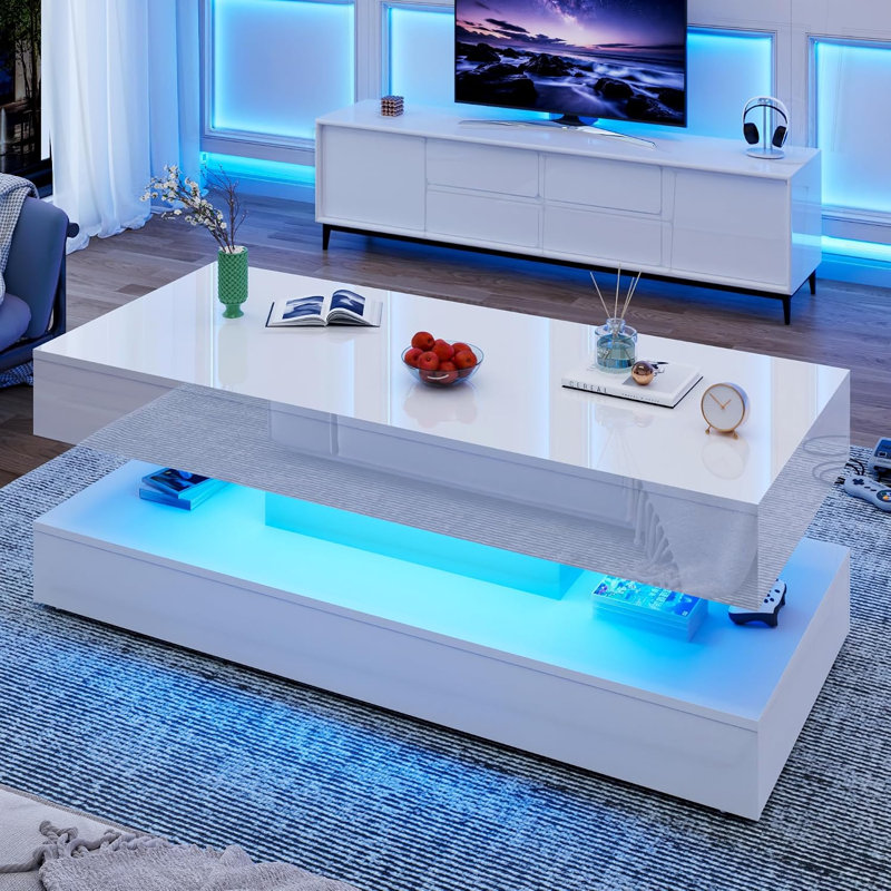 Table basse 47,3 po moderne à DEL ultrabrillante avec 2 tiroirs de rangement, lumière centrale RVB de contrôle APP, imperméable et résistante aux égratignures