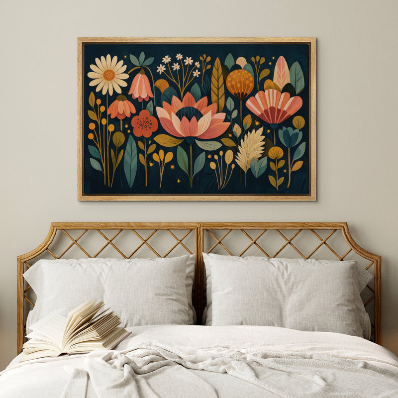 Motif floral fantaisiste dans des tons sarcelle profonds et tons chauds, reproduction d'art sur toile encadrée, Naturel