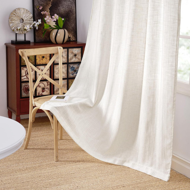 Natural Boho Linen Curtains for Living Room, Jacquard Weave Waffle Pattern Privacy Light Filtering Floor Length Drapes,  2 Panels
