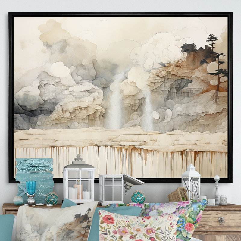 Minimalisme geyser paysage tranquillité, Cadre flottant noir, H 24 po x l 32 po x P 1 po