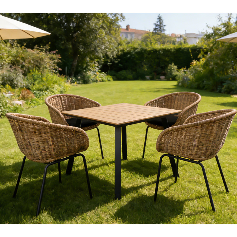 Table de salle à manger carrée de patio avec trou pour parasol, plateau de table en composite de bois-plastique robuste en fer, table intérieure d'extérieur toutes saisons pour jardin, balcon, cour